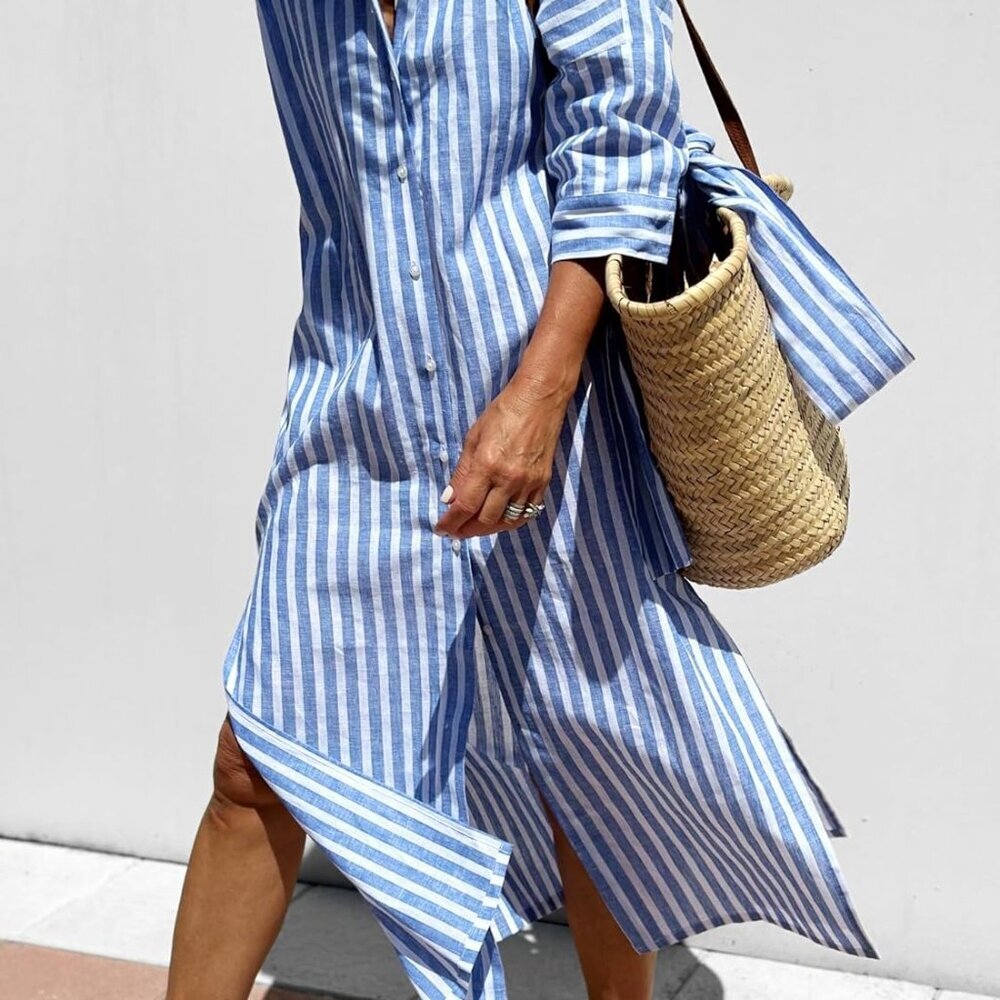 Women's Cotton Maxi Shirt Dress Blue Striped Casual 3/4 Sleeve Belted - Picture 2 of 6